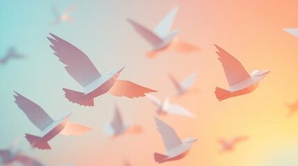 Fototapeta premium Whimsical Scene of Multiple Soaring White Paper Birds in Sunset Glow
