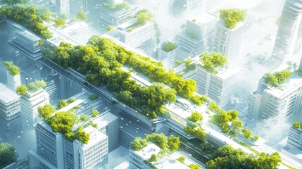 Serene Aerial View of Minimalist Cityscape with Lush Greenery