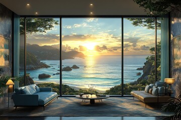 Fototapeta premium Ocean view from modern living room during sunset