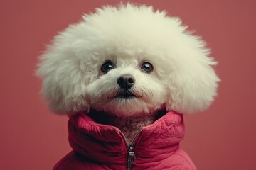 Adorable white bichon frise dog wearing red winter jacket on pink background