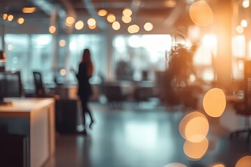 Blurred Office Space Woman Working Evening Lights