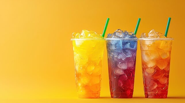 Three colorful drinks with ice and straws against a bright yellow background.