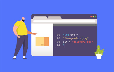 Man standing with browser explain  howto code a web page from easy step 