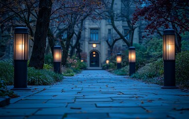 Illuminated pathway leading to a grand building at twilight.