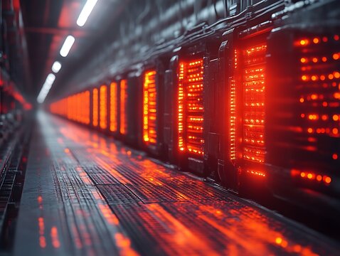 Futuristic server room corridor with glowing red panels.