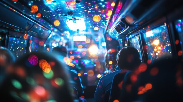 Blurry colorful lights illuminate a party bus interior. Perfect for nightlife, travel, or celebration themes.