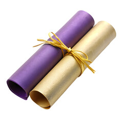 Two purple and gold paper tubes tied-on-white-background