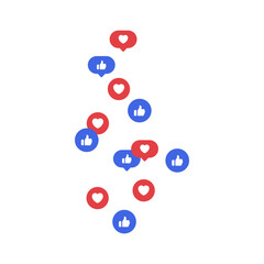 Like and love icon button, social media reaction icons background, hearts and thumbs up symbols in red and blue speech bubble icon. engagement, feedback, interactive elements