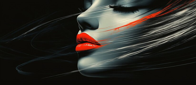 Intriguing Abstract Portrait of a Woman with Red Lips and Flowing Hair