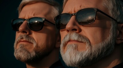 Mature Gay Couple Portrait  Silver Beards  Sunglasses  Close Up