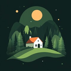 Naklejka premium Serene House nestled in a verdant forest under a night sky