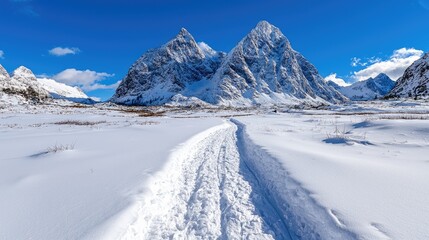 Obraz premium A winding snow-covered path leads towards majestic snow-capped mountain peaks under a clear blue sky in a winter landscape.