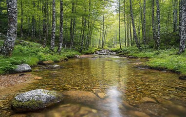 Obraz premium Calm stream flowing through lush green forest.