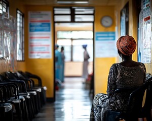 Woman waits patiently in a clinic hallway.