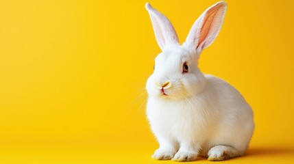 Obraz premium A cute white rabbit sitting against a bright yellow background.