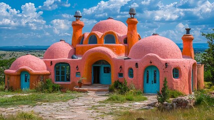 Vibrant Superadobe community center with domes painted in bright colors hosting cultural events and art exhibits