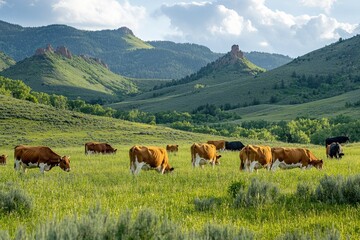 Naklejka premium Guernsey cows grazing peacefully in lush green pasture with rolling hills