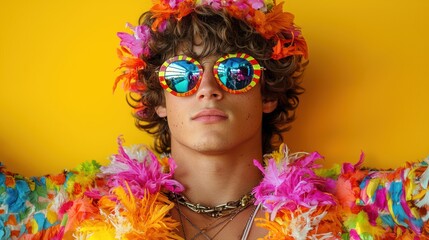 A young man in vibrant attire and sunglasses poses against a bright yellow background.