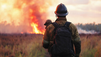 A firefighter stands in front of a raging wildfire, ready to combat the flames and protect the surrounding area.