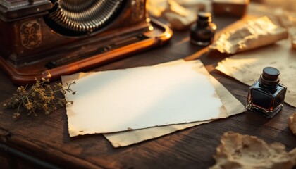 A Blank Canvas for Inspiration: A vintage desk scene with a blank sheet of paper ready for writing, surrounded by an antique typewriter, inkwells, and quill pens.  The setting sun casts a warm glow.
