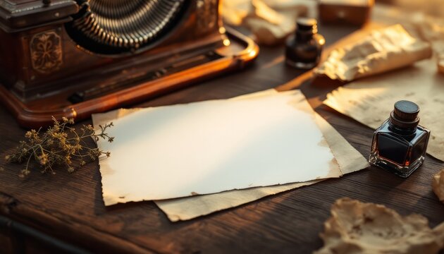 A Blank Canvas for Inspiration: A vintage desk scene with a blank sheet of paper ready for writing, surrounded by an antique typewriter, inkwells, and quill pens.  The setting sun casts a warm glow.