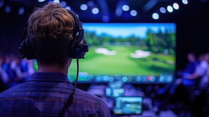 Professional Male Analyst Observing Golf Course Simulation with Headphones in a Modern Studio Environment Filled with Bright Background Lights and Technology Displays