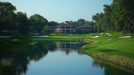 Fototapeta premium Scenic View of a Luxurious Golf Course with a Serene Water Body and Lush Green Landscape Surrounded by Trees and Clear Blue Sky