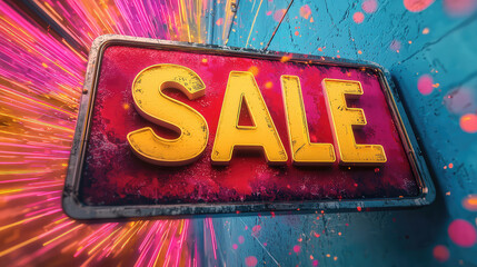 Grungy retro sale sign with vibrant light streaks.
