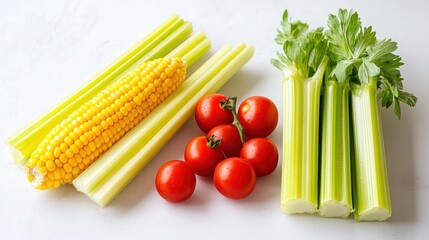 Colorful raw vegetables on the left side, featuring corn, celery, and cherry tomatoes, with a white...