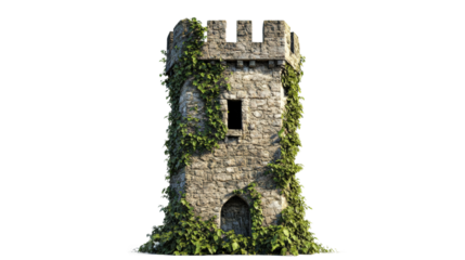 Abandoned stone tower overgrown with vines in a serene landscape during daylight hours isolated on transparent background