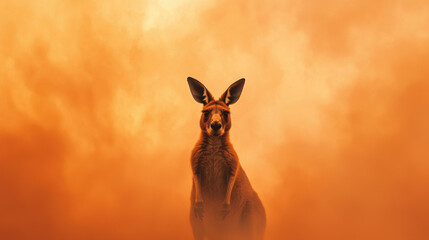 A kangaroo stands resilient in a fiery orange landscape, symbolizing strength amidst chaos.