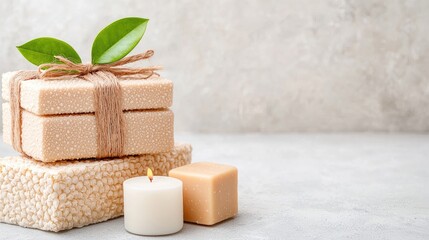 Spa soaps and candle on textured surface. Relaxation, wellness, self-care.  Website banner