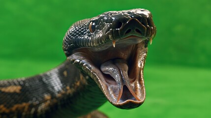 Close-up of a snake with its mouth open showing fangs and tongue against a green background