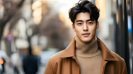 Stylish young  man, confident pose, urban street background