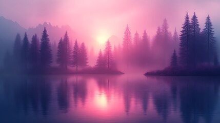 Pink sunrise over misty lake and forest.