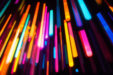 Black background with colorful lights, light beams, blurry cinematic sparkling in the air, glitchcore, glow iridescence bokeh sparkles. Festive light leak overlay