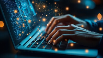 Hands typing on laptop with digital document icons overlay.