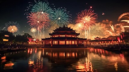 Fireworks and Joy: A Capture of Chinese New Year Fireworks Display Against Chinese city setting