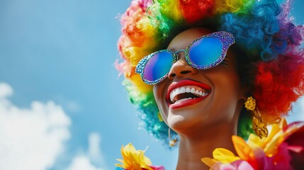 Happy black drag queen celebrating pride. African american woman in rainbow afro clown wig glitter makeup celebrating LGBTQ at pride parade. Gay man in fancy dress. Summer, blue sky,
