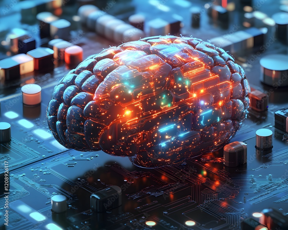 Poster a conceptual image of a glowing brain on a circuit board, symbolizing the fusion of artificial intel