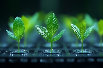 Close-up of three vibrant green seedlings growing in individual pots under artificial light.