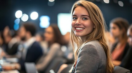 Happy businesswoman attending conference in convention center and looking at camera.