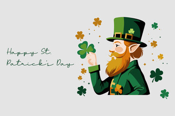 Happy St Patrick's Day with Leprechaun Hold a Shamrock in Flat Cartoon Background Design