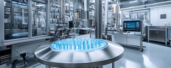 A modern industrial facility featuring advanced machinery and equipment, focusing on production processes in a sterile environment.