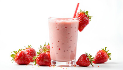 A glass of strawberry milkshake isolated on white background. png file
