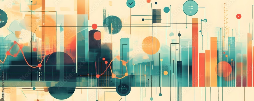 Fototapete A vibrant abstract illustration of data visualization with colorful graphs, circles, and lines representing modern technology and analytics.