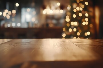 Wooden Table Festive Background With Blurred Lights