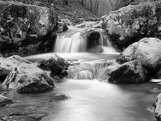 Fototapeta premium A black-and-white artful nature photograph of water flowing over rocks in the mountains, captured with motion blur and intricate details, emphasizing fluidity and high-resolution composition.