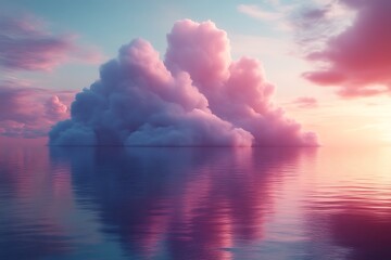 Pink sunset clouds reflected in calm ocean.
