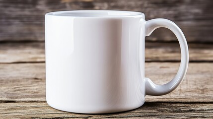 Blank white mug on rustic wooden table, ready for design, against blurred wood background.